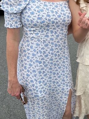 francesca's Miami Blue Floral Midi Dress with Side Slit Large.